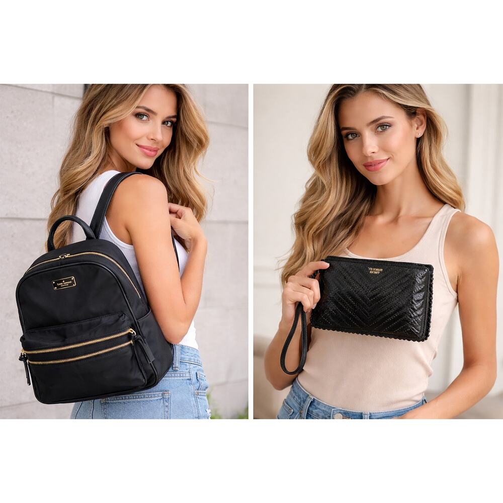 Kate Spade Black Nylon Backpack + VS Wristlet Bundle Gold Zip